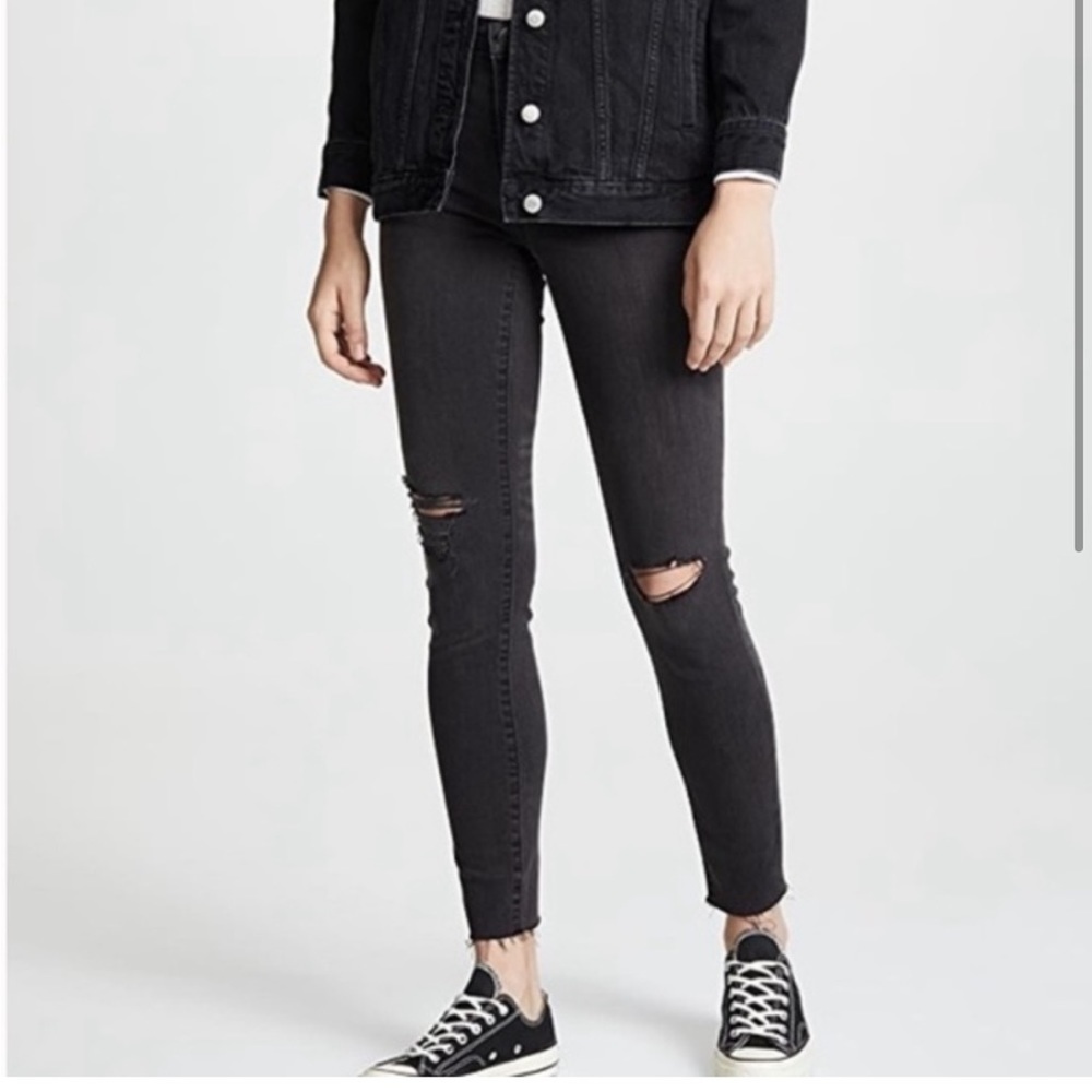 Madewell 9” High Rise Skinny Jeans 27 Black Gray Ripped Knee Raw Hem Ankle